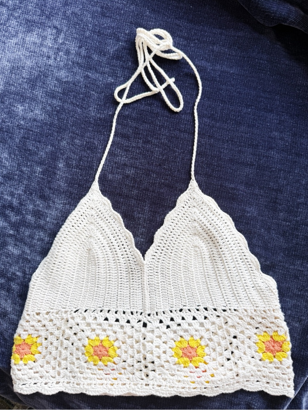Aerie M White Yellow Floral Crochet Halter Top